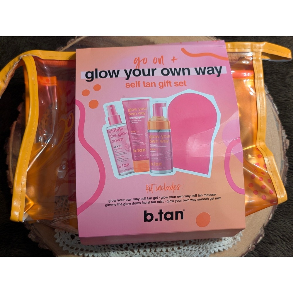 b.tan Go On & Glow Your Own Way Self Tan Gift Set 4pc Kit DARKEST with Bag, NEW